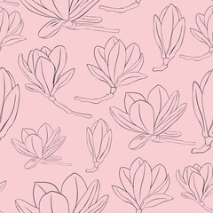 Seamless pattern Magnolia flowers black and white colors graphics vector illustration