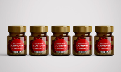 Bottle with CORONAVIRUS COVID-19 treatment pills