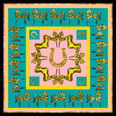 Abstract Ethnic Mystic Horses and Horseshoes Border Frame with Gold Foil Texture Scarf Pattern Isolated Background