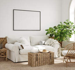 Mockup frame in farmhouse living room interior, 3d render	