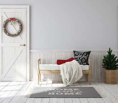 Scandinavian farmhouse hallway interior with Christmas decoration, wall mockup, 3d render