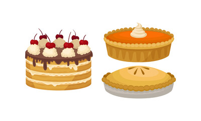 Baked Sweet Pie with Filling and Crust and Layered Cake with Whipped Cream on Top Vector Set.