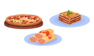 Pizza and Lasagna Pasta with as Italian Cuisine Dish Vector Set