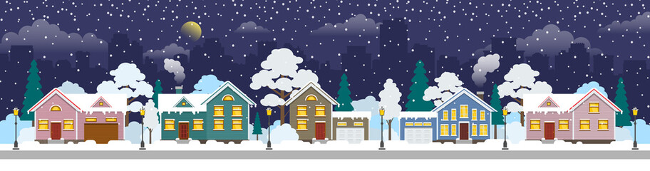 winter night cityscape panorama street view with suburban houses cottages merry christmas and happy new year vector illustration