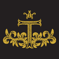 Golden glittering letter T monogram in vintage style. Heraldic coat of arms with halftone effect. Baroque logo template.