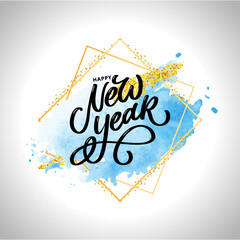 Happy New Year 2021 Beautiful greeting card poster with calligraphy black text word gold fireworks. Hand drawn design elements. Handwritten modern brush lettering watercolor golden frame