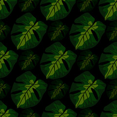 Dark seamless pattern with green monstera shapes. Black background. Houseplant palm artwork.