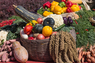 A variety of farm produce is on display on the table