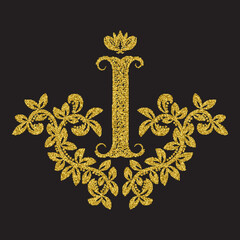Golden glittering letter I monogram in vintage style. Heraldic coat of arms with halftone effect. Baroque logo template.