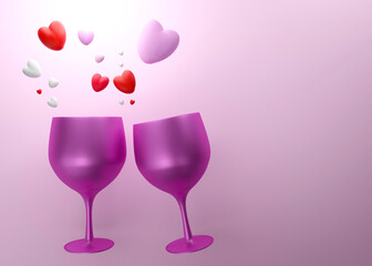 Pink wine glass On a pink background,3D rendering