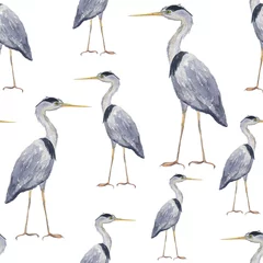 Foto op Plexiglas Naadloze patroon grijze reiger vogels op witte achtergrond. Aquarel hand tekenen illustratie voor verpakking, textiel, stof, print, behang, digitaal papier. Exotische Grote Grijze Reiger. © Kaya Gach