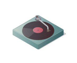 Vintage music. Classic vinyl disc player. Vector isometric illustration. Isolated on white background.