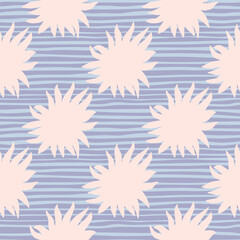 Hand drawn light pink star shapes seamless doodle pattern. Abstract geometric print with blue striped background.