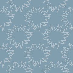 Fototapeta na wymiar Outline abstract sun ornament seamless geometric pattern. White contoured stars on blue background.