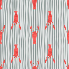 Contrast red lobster seamless pattern. Doodle animal marine print with blue striped background. Aquatic backdrop.