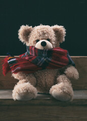 Cute teddy bear with colorful scarf sitting on blue wooden backg