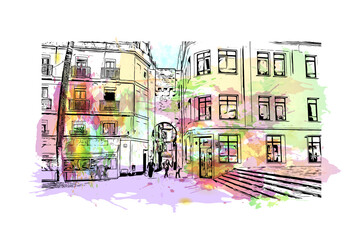 Building view with landmark of Cadiz is a city and port in southwestern Spain. Watercolor splash with hand drawn sketch illustration in vector. © dhanu3182
