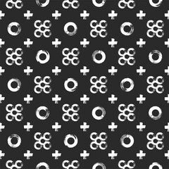 Seamless modern pattern with white hand drawn circles and pluses isolated on black background. Abstract monochrome illustration. 