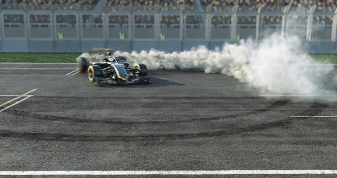 3d made formula car drifting with smoke on a 3d made track with animated crowd.