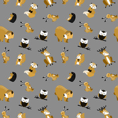 Seamless pattern with cute cartoon woodland animals on silver background. Vector illustration.