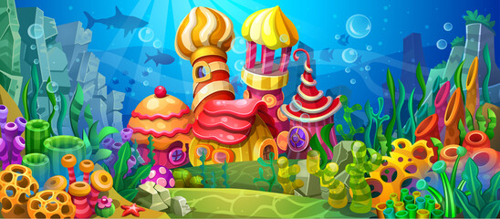 A fantastic underwater town for marine life. Underwater landscape with colorful algae, corals, sponges and fish.