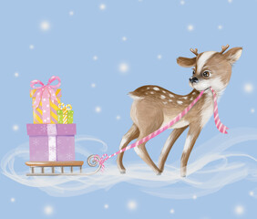 New Year's fawn carrying a sled with gifts