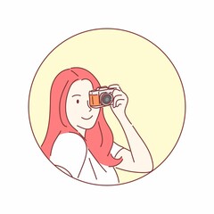 Woman holding camera. Hand drawn flat character vector style.