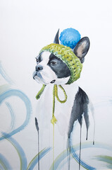 French bulldog wearing a knitted hat with blue pompon. The dog is painted in watercolour. The head of the bulldog is depicted on paper. There are abstract details on the background.