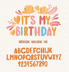 Happy birthday font. Typography alphabet with colorful romantic illustrations.