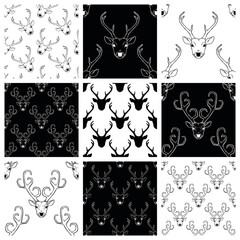 Seamless patterns set with deer heads