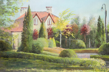 The house stands among garden bushes and trees. The sunlight illuminates the house and the green trees.