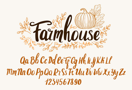 Farmhouse Font. Typography Alphabet With Rustic Illustrations. Handwritten Script For And Crafty Design.