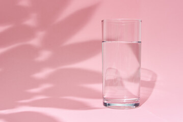 Glass of water and leaf shadow on a pink background
