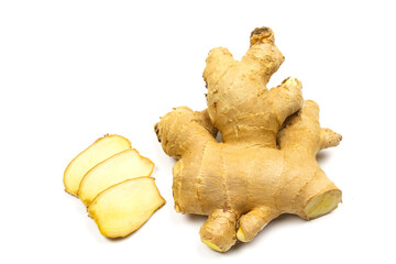 Fresh ginger rhizome with sliced isolated on white background. Ginger is an herb that has a spicy flavor.