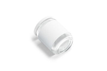 Blank glass jar with white label and cap mockup lying