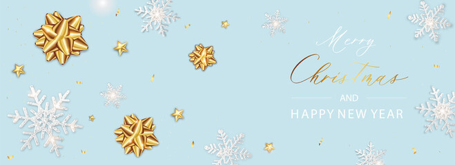 Fototapeta na wymiar Merry Christmas banner. Background Xmas design poster of sparkling lights star and snowflake and glitter gold confetti.