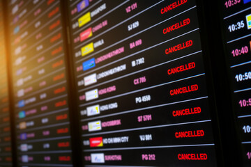 View of Cancelled flight display on Flight boarding in airport due to outbreak of Covid-19