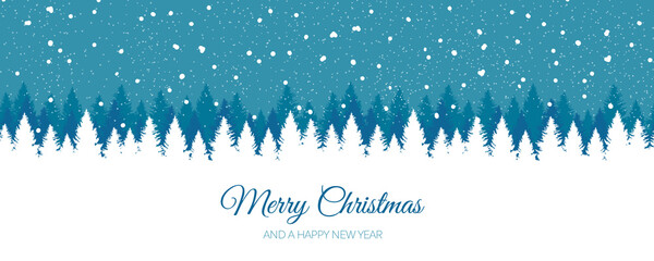 Winter tree forest with falling snow scenery illustration christmas card