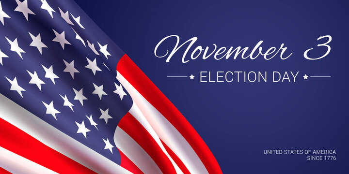 November 3 - Election Day in the United States of America. Vector banner design template with American flag and text on dark blue background.