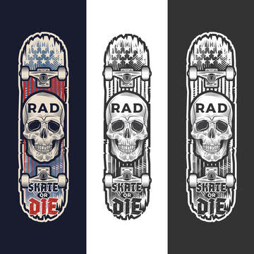 Skateboarding emblem with skull, skyboard and American flag. Inscription RAD and SKATE OR DIE. Print graphic and web design. Color and monochrome vector illustration.