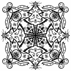 Vector new year xmas illustration. Christmas trees, snowflakes black-white circular ornament. Coloring page, book, antistress.