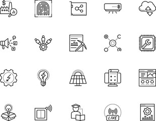technology vector icon set such as: hand, creativity, circle, card, sunlight, machinery, ecology, megaphone, security, video, server, growth, multimedia, access, movie, science, motion, cogwheel