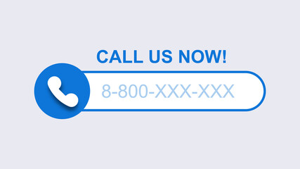 Phone call us now template. Blue mobile call with subscriber number modern digital user connection.