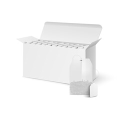 Template of tea package box full of bags realistic vector illustration isolated.