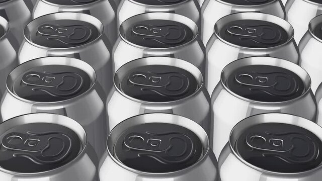 Camera moving over aluminum metal cans for drinks - beer or soda. Perfect background for beverage manufacturing and nutrition business. 3d seamless loopable animation