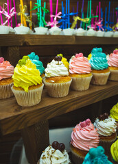 Tasty sweet tartlets with cream. Tasty sweet tartlets with colorful cream. Cupcake in pastry basket with delicate colored cream.