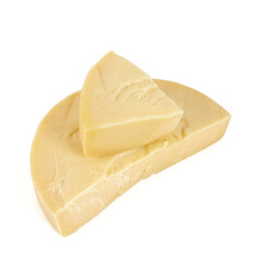 piece of hard cheese isolated on white background