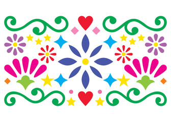Mexican folk art vector pattern, vibrant design with flowers greeting card inspired by old designs from Mexico
 