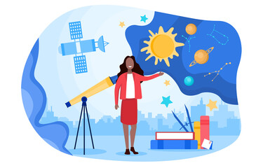 Abstract astronomical concept. A girl against the backdrop of a telescope and constellations showing a map of the starry sky and planets of the solar system. Flat cartoon vector illustration.