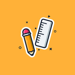 Pencil and ruler cartoon vector icon illustration.